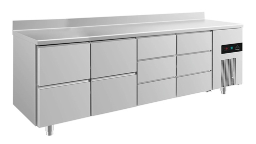 Kühltisch -2 bis +8°C 2330x700x850mm mit 2x zwei Schubladen und 2x drei Schubladen u. Aufkantung