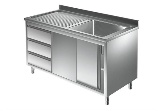 Spülschrank mit Schubladenblock, 1 Becken rechts, Bautiefe 700 mm | 120x700x850 mm