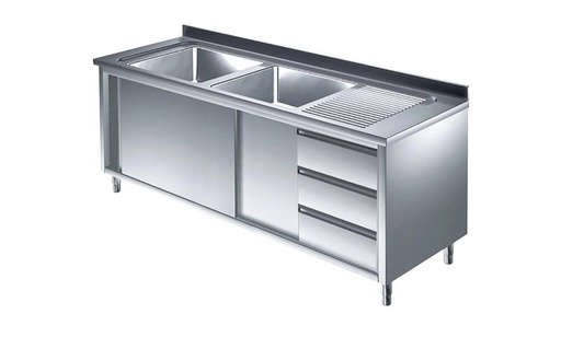 Spülschrank mit Schubladenblock, 2 Becken links, Bautiefe 600 mm | 150x600x850 mm