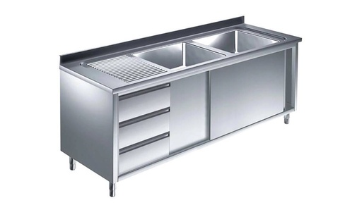 Spülschrank mit Schubladenblock, 2 Becken rechts, Bautiefe 700 mm | 180x700x850 mm