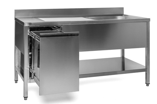 Spültisch mit Abfallbehälter, 1 Becken rechts, Bautiefe 600 mm | 100x600x850 mm