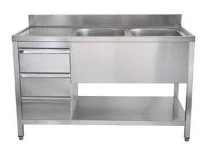 Spültisch mit Schubladenblock, 2 Becken rechts, Bautiefe 700 mm | 200x700x850 mm