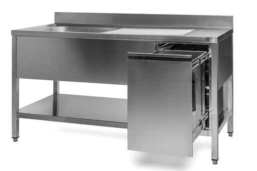 Spültisch mit Abfallbehälter, 1 Becken links, Bautiefe 700 mm | 120x700x850 mm