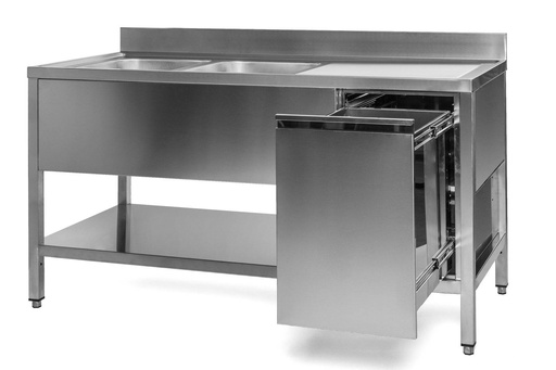 Spültisch mit Abfallbehälter, 2 Becken links, Bautiefe 600 mm | 150x600x850 mm