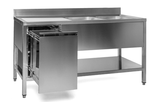 Spültisch mit Abfallbehälter, 2 Becken rechts, Bautiefe 600 mm | 180x600x850 mm