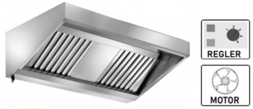 Wandhaube Edelstahl inklusive eingebautem Ventilator (230 V) mit externem Regler, umlaufende Fettauffangrinne,  herausnehmbare Flammschutzfilter Typ-B, Beleuchtung mit Leuchtstoffröhre, Fettablassventil