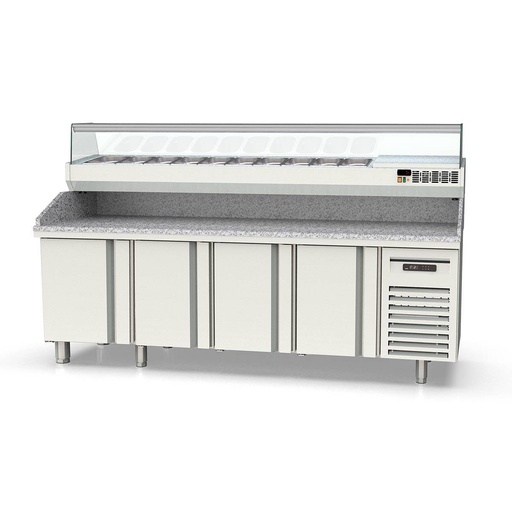TOPLINE Pizzatisch / 4-fach mit Türen, Granitplatte grau, inkl. Kühlaufsatz, GN 1/4, 2545 x 600 mm