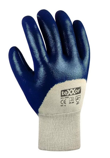 Arbeitsschutzhandschuhe Nitril- beschichtet, mit Strickbund, beige/blau, Höhere-Qualität | Größe: 09
