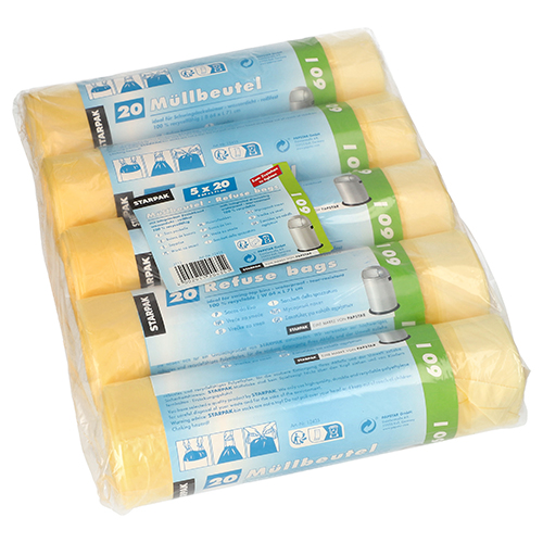 100 Müllsäcke mit Zugband, HDPE 60 L 71 cm x 64 cm gelb