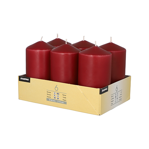 6 Stumpenkerzen Ø 60 mm · 115 mm bordeaux