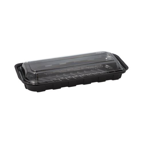 50 Sushi-Schalen R-PET rechteckig 21 cm x 8,8 cm x 4,3 cm schwarz mit transparentem Deckel