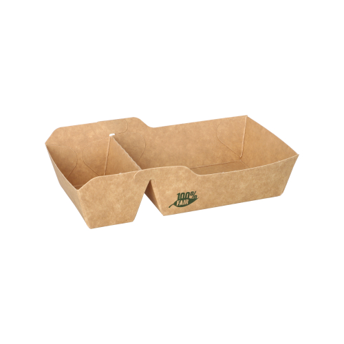 6 x 80 Pommes-Frites-Trays, Pappe "pure" 2-geteilt 3,5 cm x 7 cm x 14,5 cm braun "100% Fair" klein