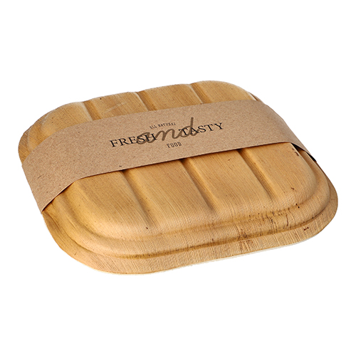 10 Trays, Palmblatt "pure" eckig 500 ml 6,5 cm x 20 cm x 20 cm mit Deckel und Banderole
