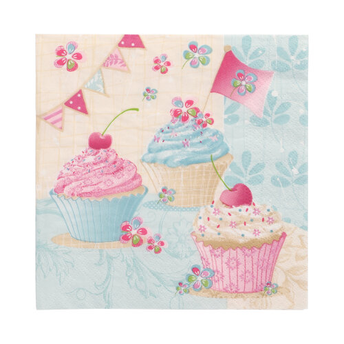 20 Servietten, 3-lagig 1/4-Falz 33 cm x 33 cm "Birthday Cup Cakes"