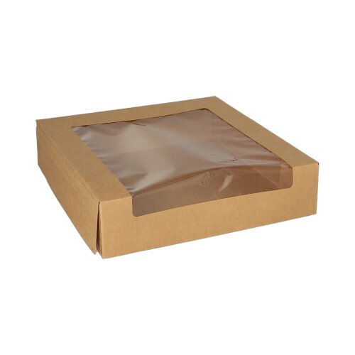 4 x 25 Tortenkartons mit Deckel eckig 5,5 cm x 23 cm x 23 cm mit Sichtfenster aus PLA