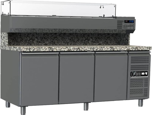 K+T Pizzakühltisch EN 600 x 400, Korpushöhe 700,abgekantete Granitarbeitsplatte,3 Abteile,Zentralkühlung