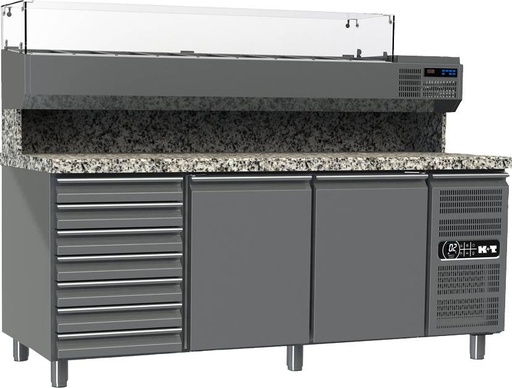 K+T Pizzakühltisch EN 600 x 400, Korpushöhe 700, abgekantete Granitarbeitsplatte,3 Abteile,steckerfertig